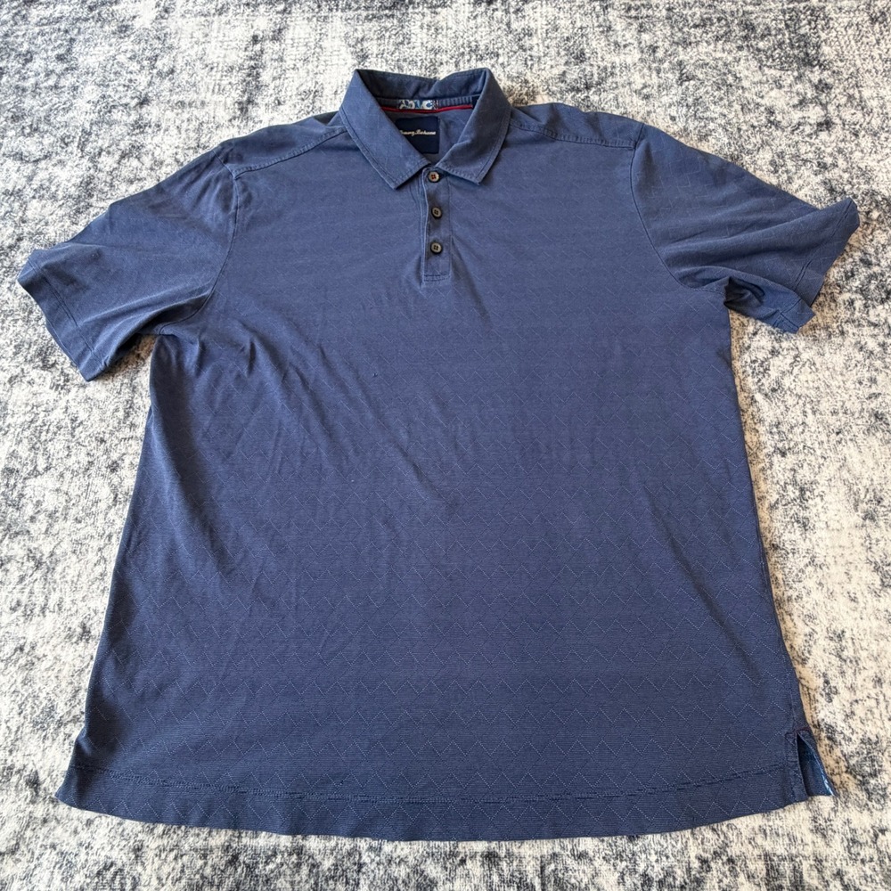 Tommy Bahama Silk Blend Polo Shirt Mens Large Blue Textured Diamond Short Sleeve